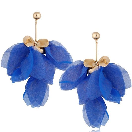 Royal Blue with Gold Shimmer Silk Flower Earrings