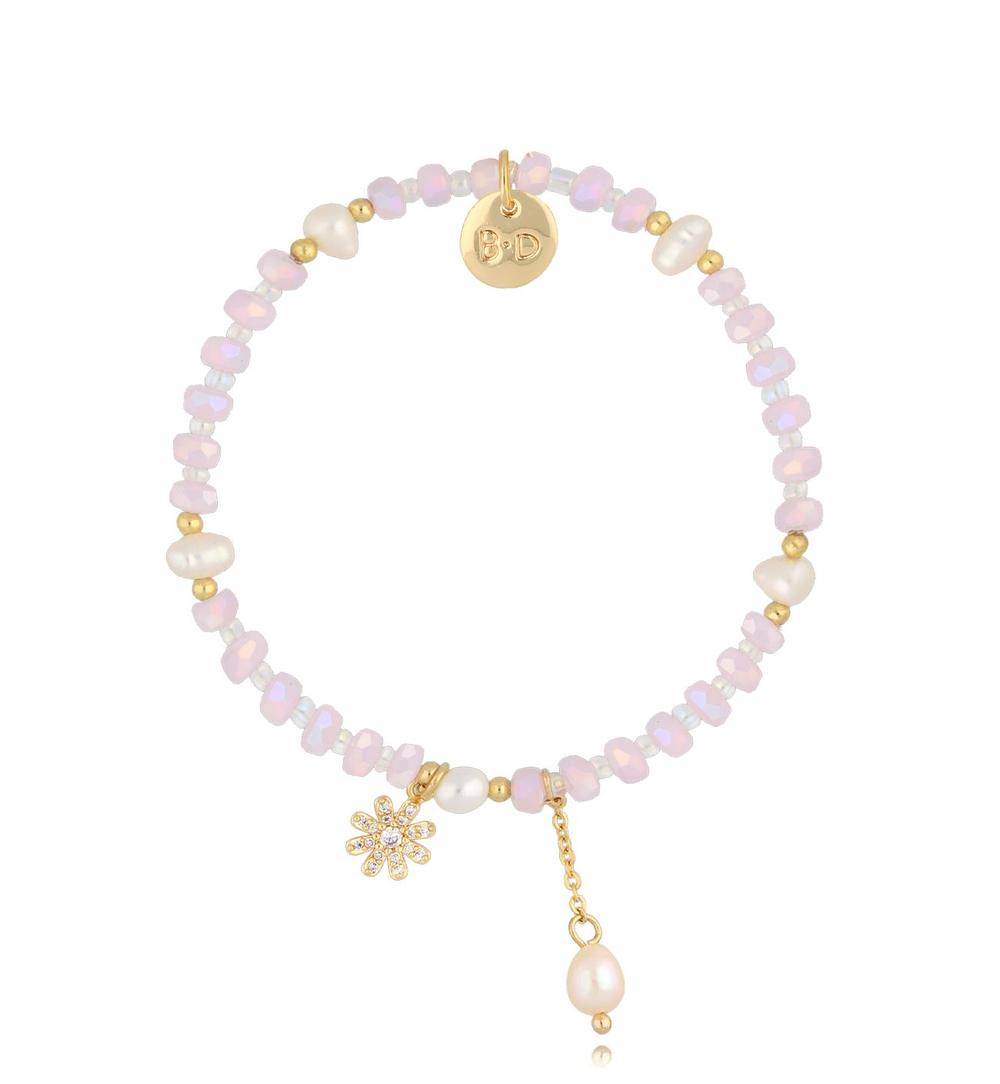 Pink Crystals Elastic Bracelet with Pearl and Flower 2644