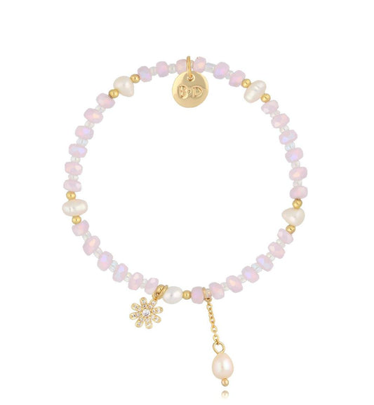 Pink Crystals Elastic Bracelet with Pearl and Flower 2644