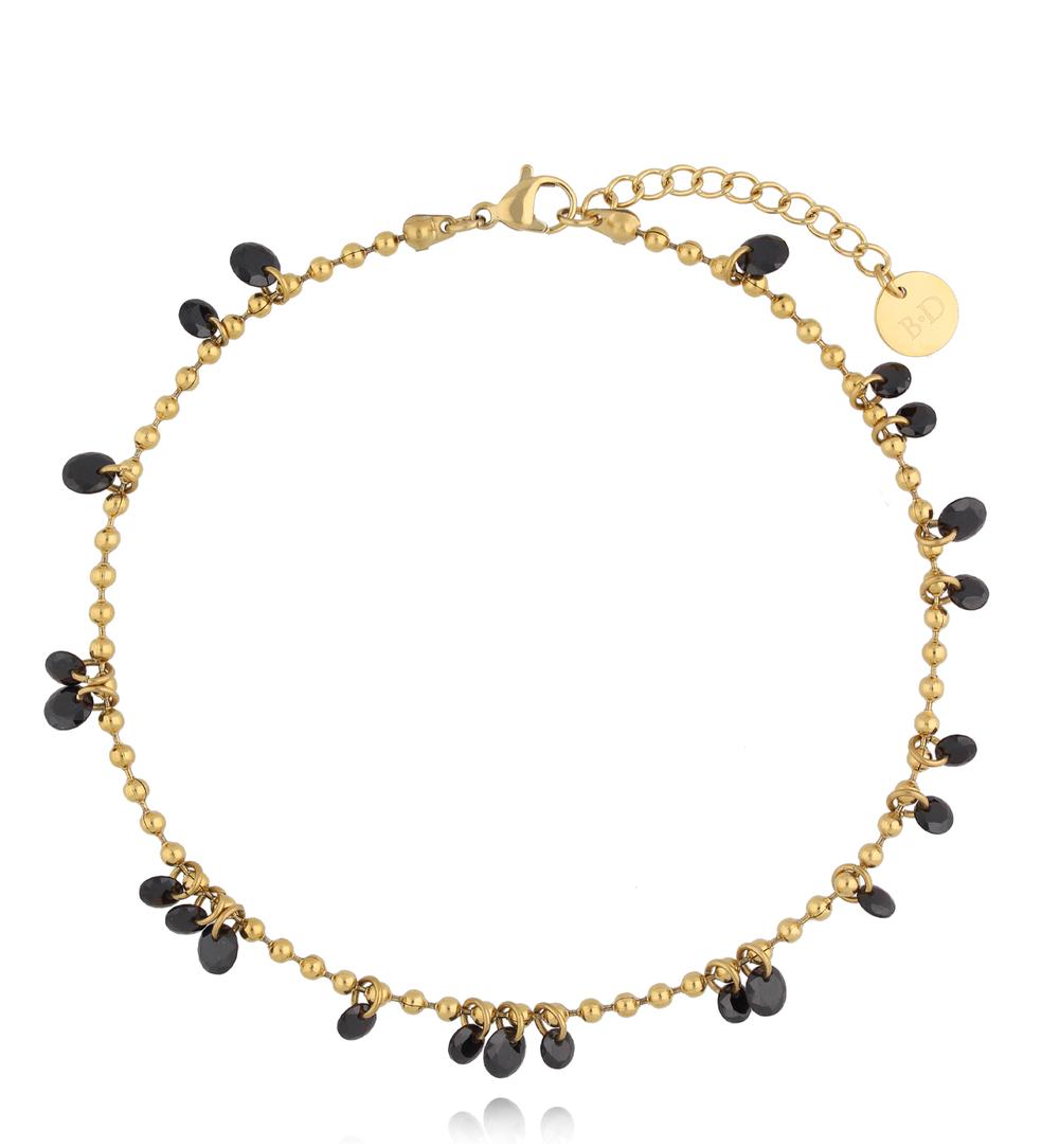 Gold Plated Anklet with Small Gold Balls and Black Crystals