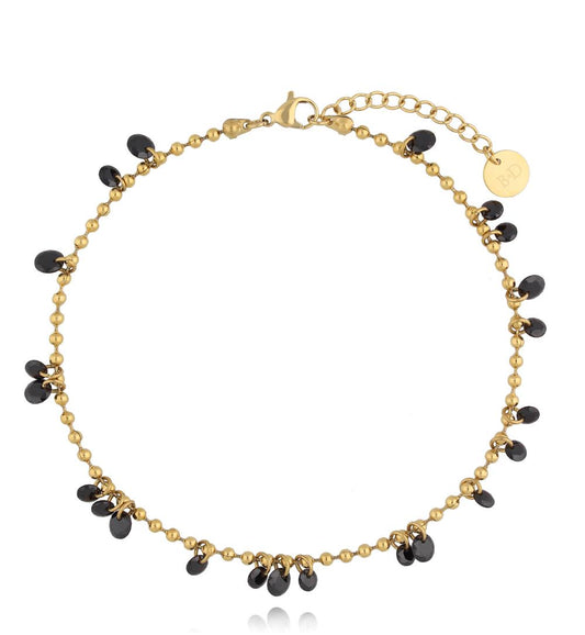 Gold Plated Anklet with Small Gold Balls and Black Crystals