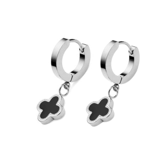 Silver Stainless Steel Clover Earrings and Black Enamel