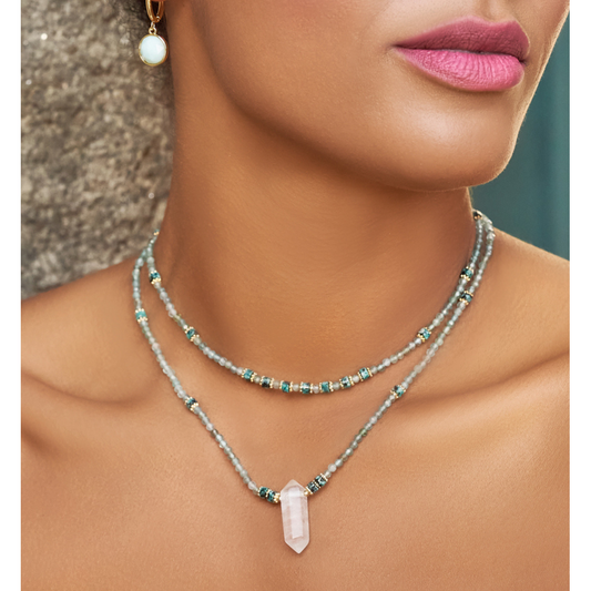 Long Green and Gray Apatite Stones Necklace with Crystal