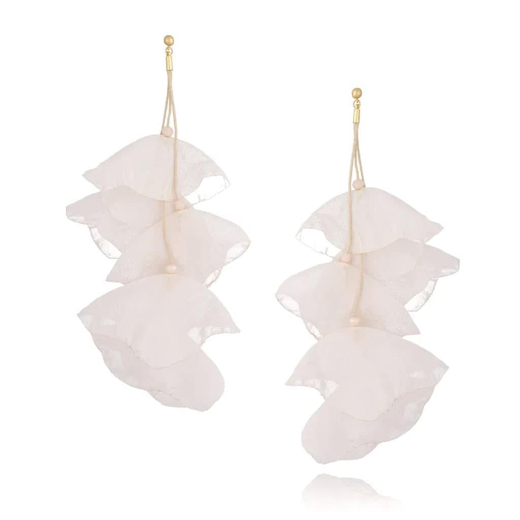 White Silk Flower Earrings with Gold Finishing- 7,5 inch Long