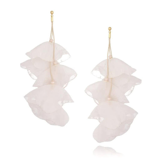 White Silk Flower Earrings with Gold Finishing- 7,5 inch Long