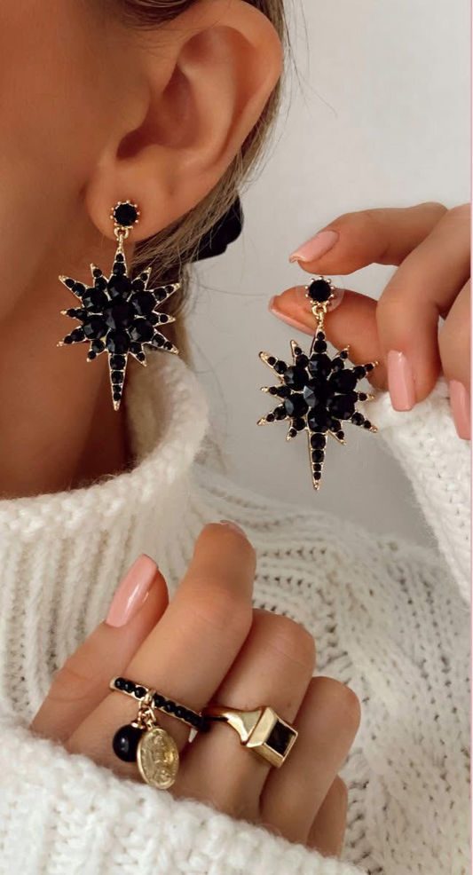Black Crystals Star Earrings with Gold Finishing