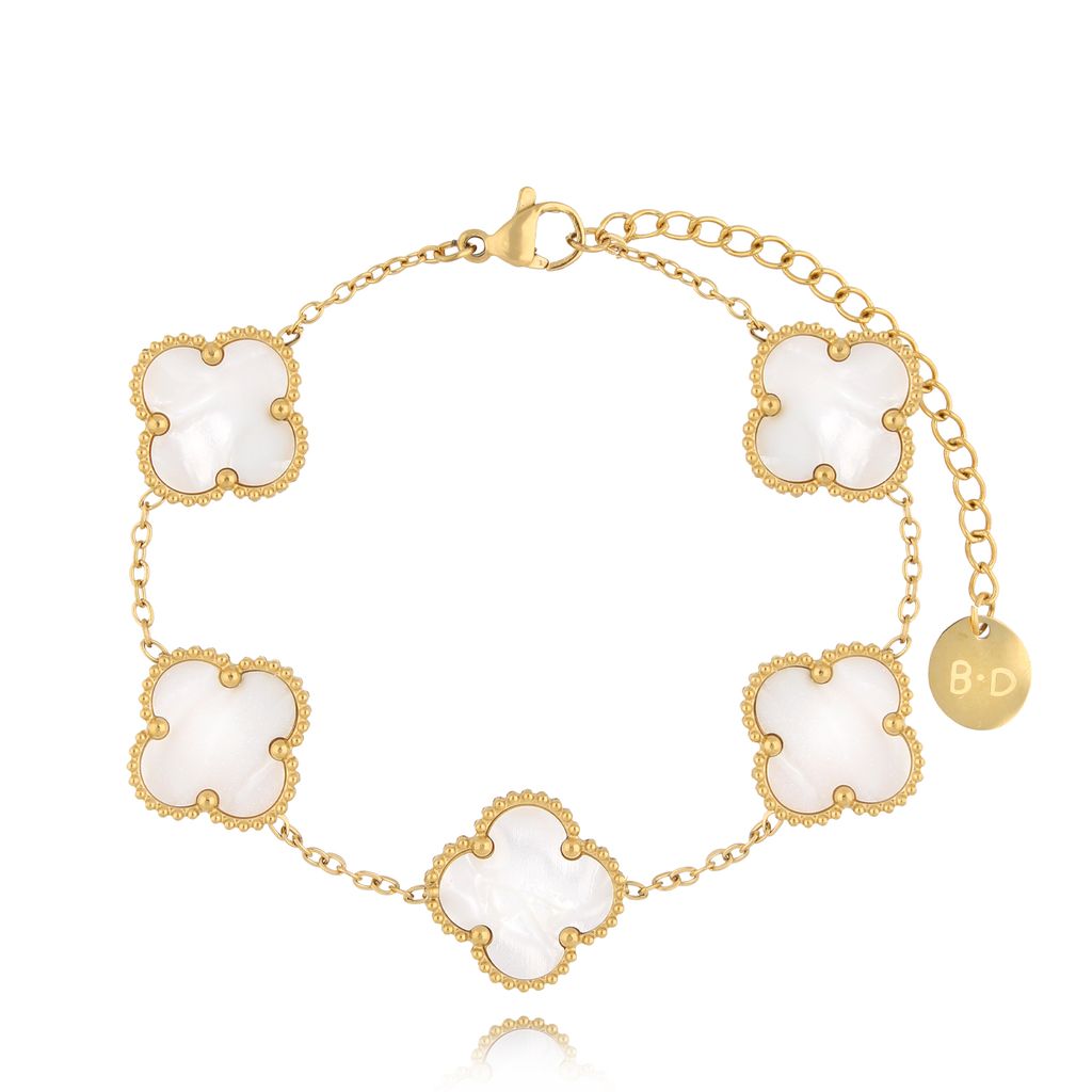 Gold Plated Bracelet with Large White Pearl Clovers