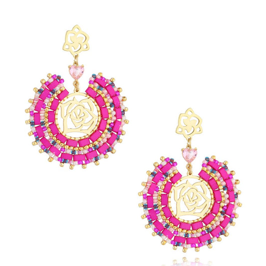 Fuchsia Rose Earrings with Gold & Light Pink Glass Beads