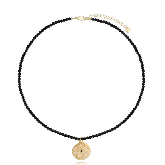 Black Tourmaline Stones Necklace with Evil Eye Round Pendant