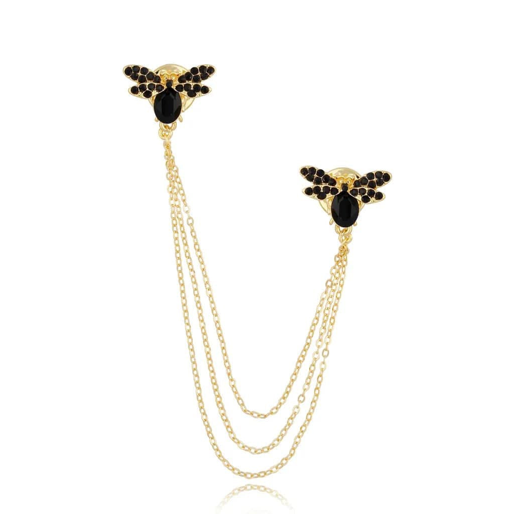 Tassel Chain Collar Brooch with Black Crystals Dragonfly