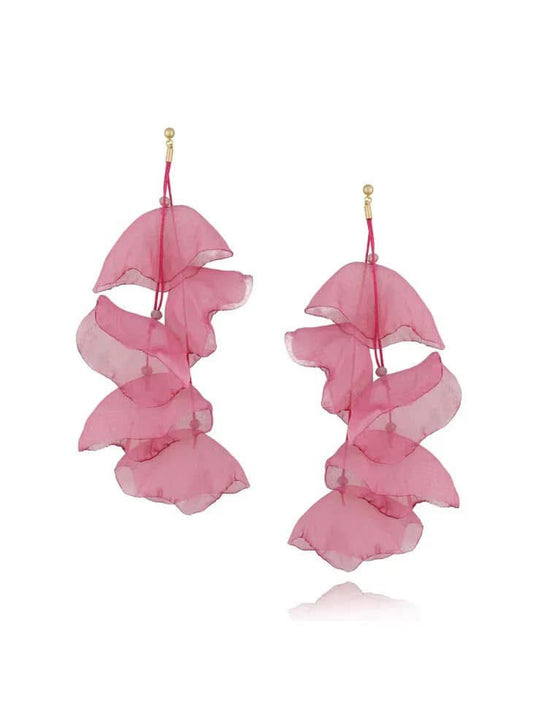 Punch Pink Silk Flower Earrings with Gold Finishing 7,5 inch Long