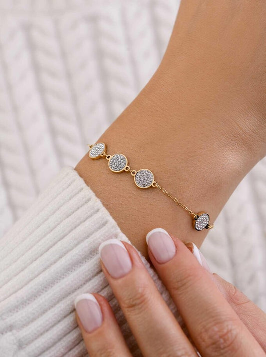 14k Gold Plated Four Crystal Flat Discs Bracelet