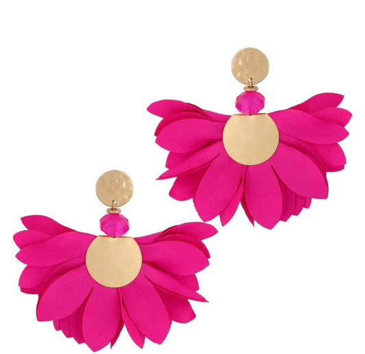 Satin Flower Earrings in Hot Pink with Old Gold Finishing