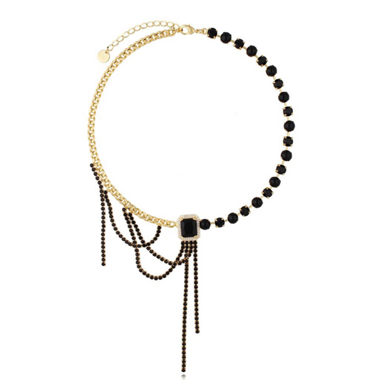 Glamour Black Crystals Fringe Necklace