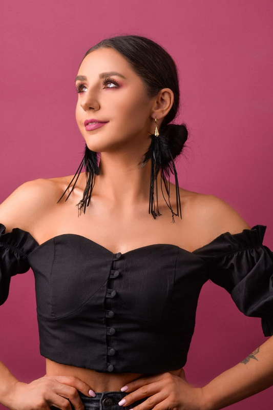 Black Feather Earrings with Leather Strings and Chains (cl)