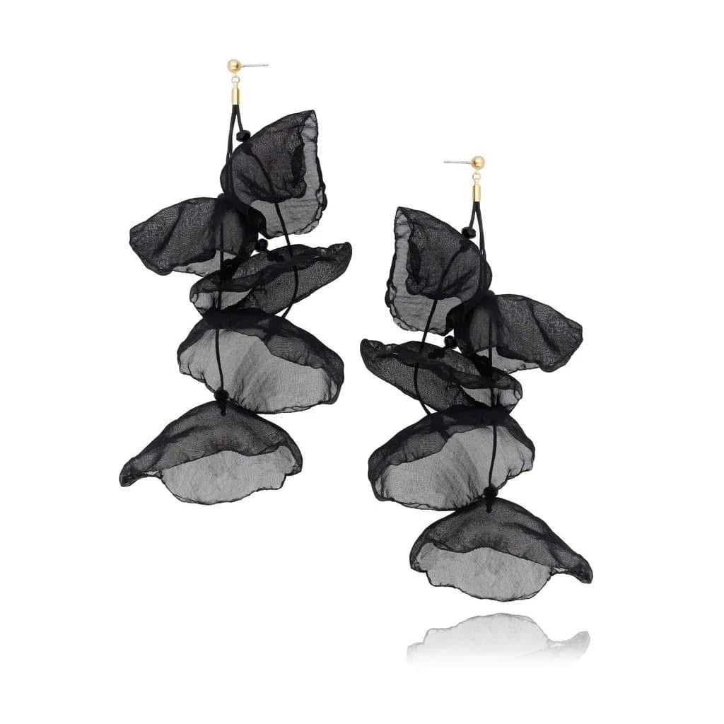 Black Silk Flower Earrings with Gold Finishing 7,5 inch Long