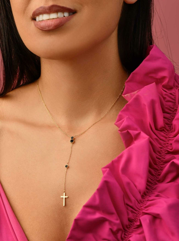 14k Gold Plated Y Necklace with Black Crystals and Cross