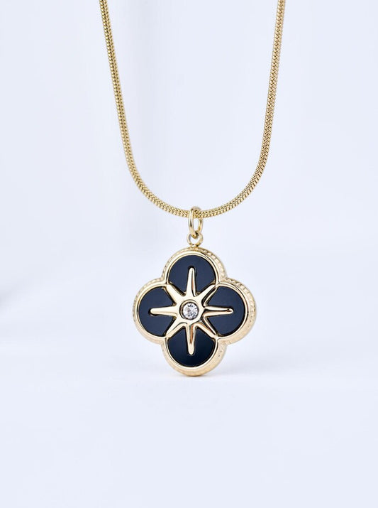 14k Gold Plated Black Enamel Clover Necklace