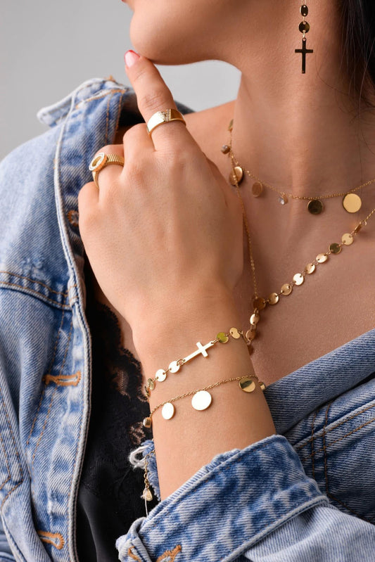 14k Gold Plated flat Discs Chain Bracelet with Gold Cross