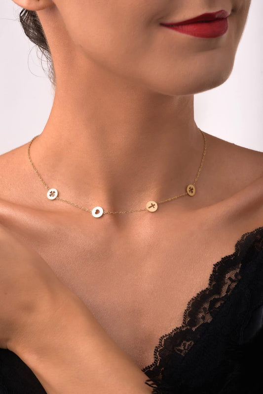 14k Gold Plated Necklace with Cross, Heart and Clovers (CL)