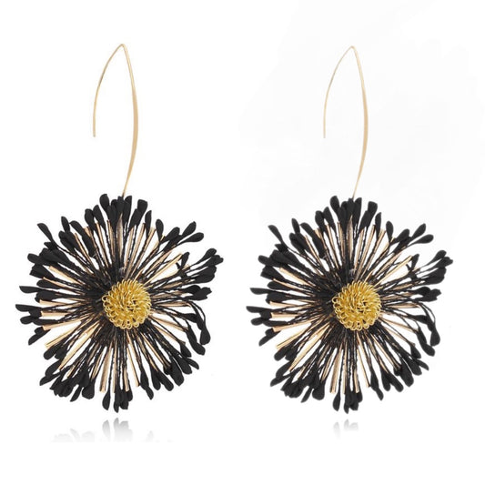 Dangle Hanging Black Boho Bunga Earrings with Gold Finishing