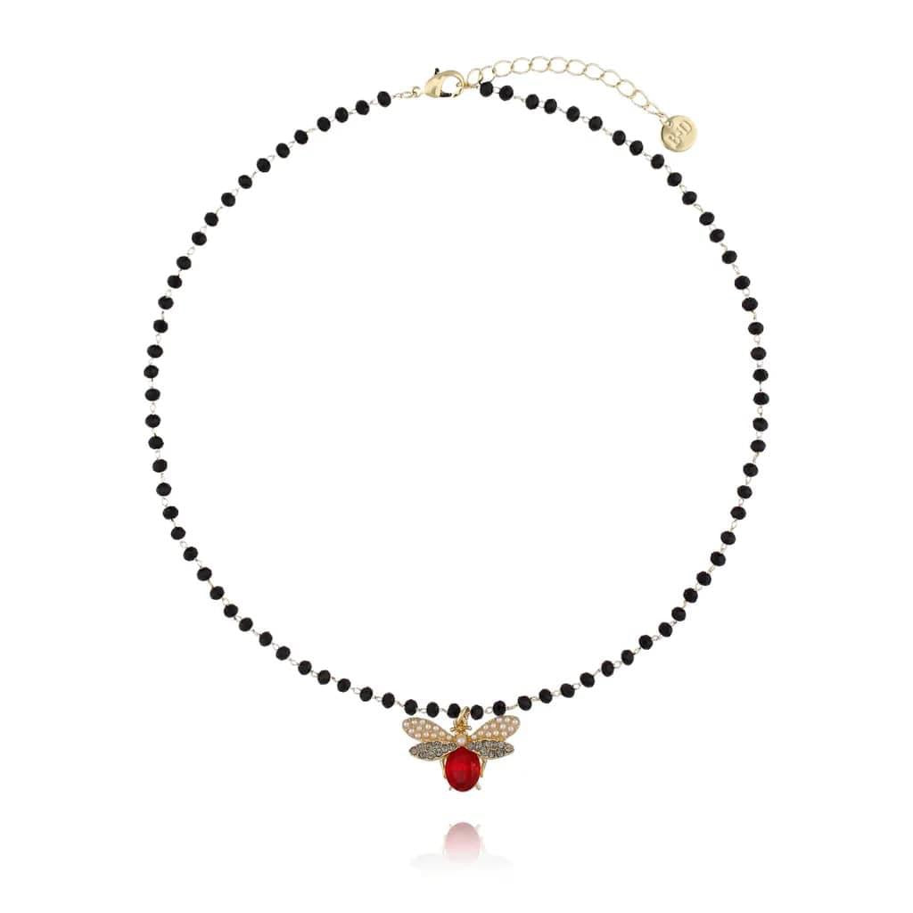 Black Agate Choker with Red Dragonfly