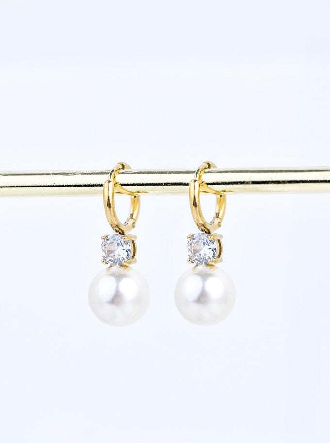 14k Gold Plated Hoop Earrings with Pearl and Crystal