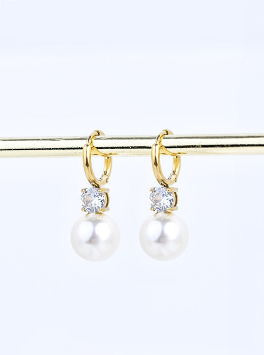 14k Gold Plated Hoop Earrings with Pearl and Crystal