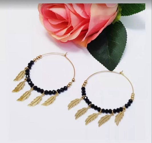 Gold Plated Feather Hoops with Black Crystals