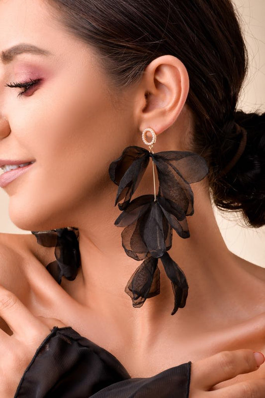 Black Silk Flower Earrings with Pearl Circle (CL)