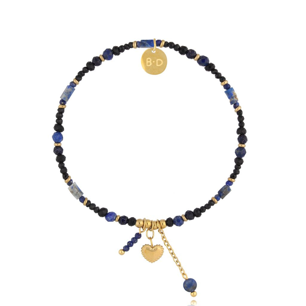 Gold Plated Blue Turmaline and Lapis Stone Bracelet with Heart