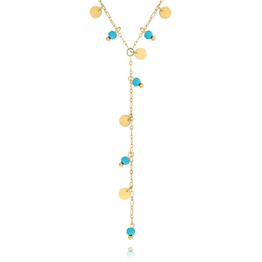 Gold Plated Turquoise Y Necklace with Gold Discs Incantatio