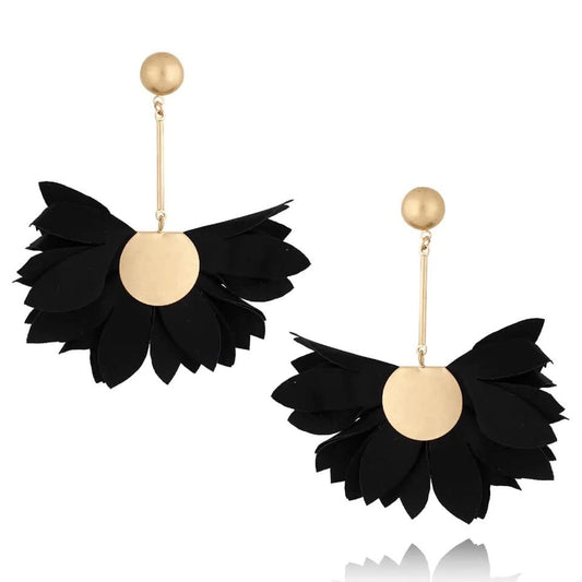 Black Satin Sunflower Earrings with Gold Finishing