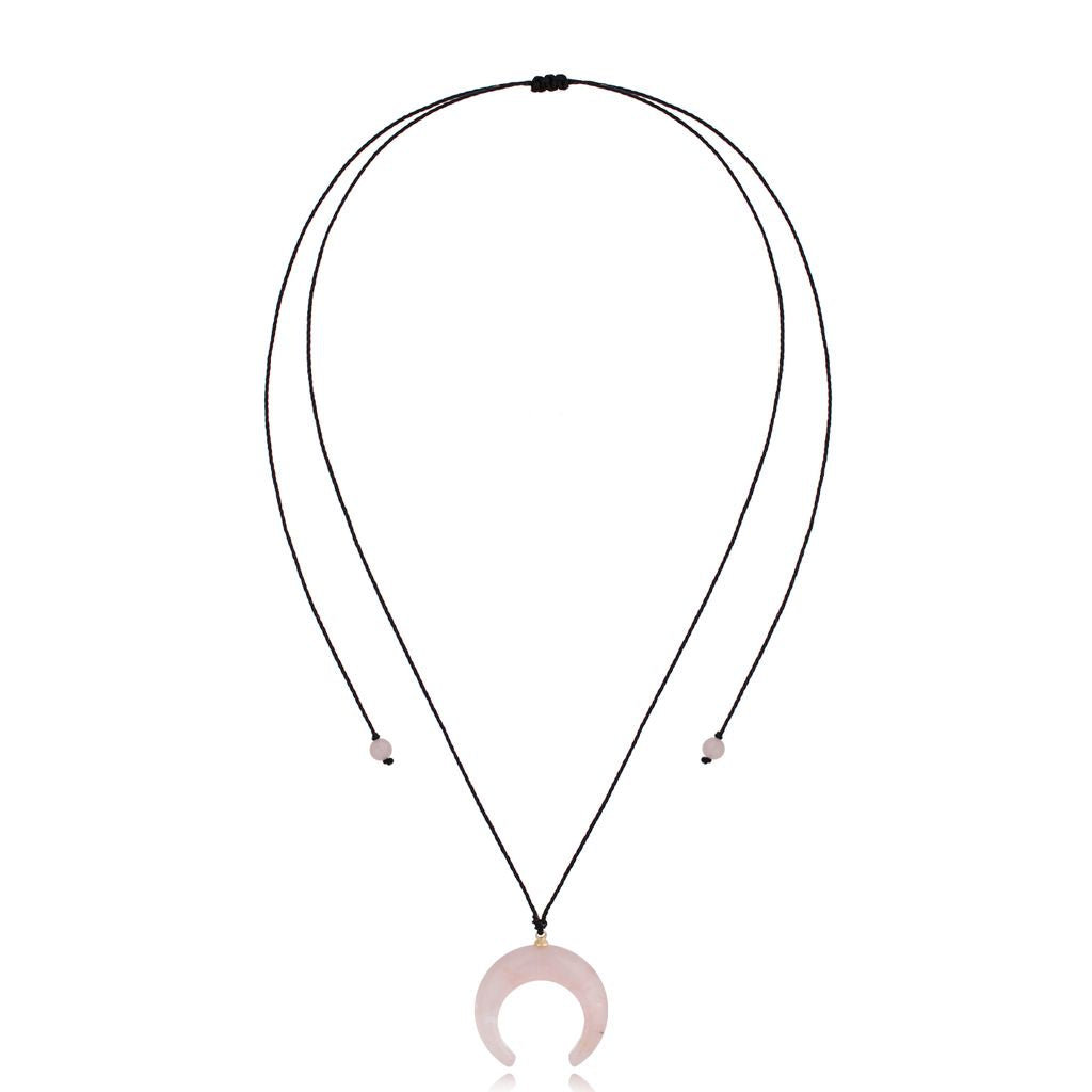 Black Rope Necklace with Pink Quartz Moon Pendant