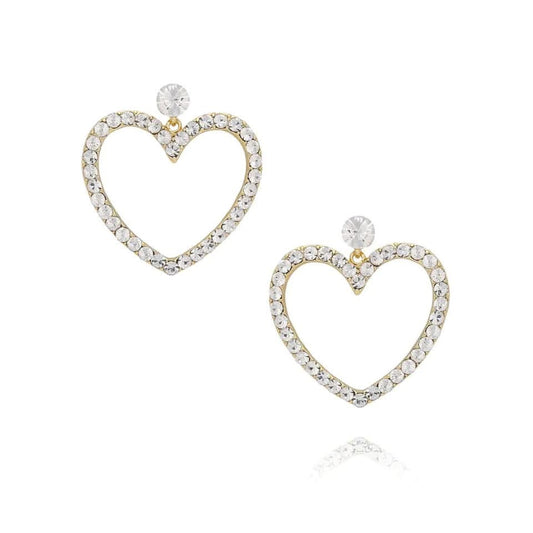 Gold Heart Earrings with White Crystals