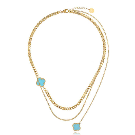 Double Layer Chain Necklace with Half Chain & Tiffany Turquoise Clover