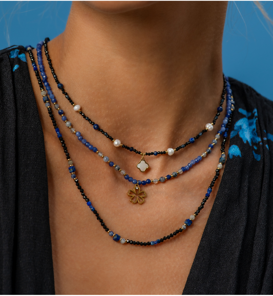 Blue Tourmaline, Lapis Lazuli and Pearls Necklace with Pearl Clover