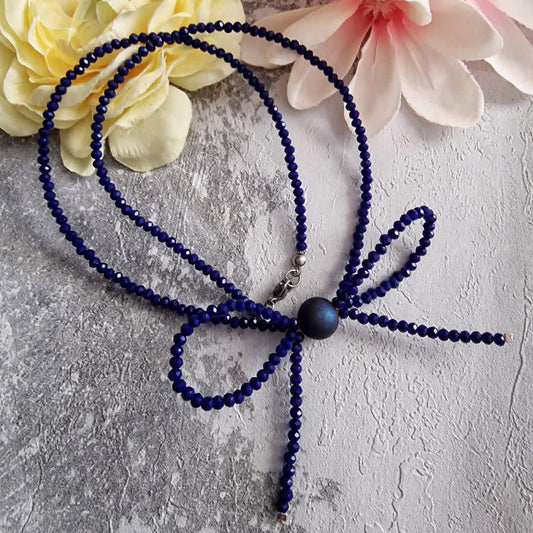 Royal Blue Glass Crystals Bow Necklace