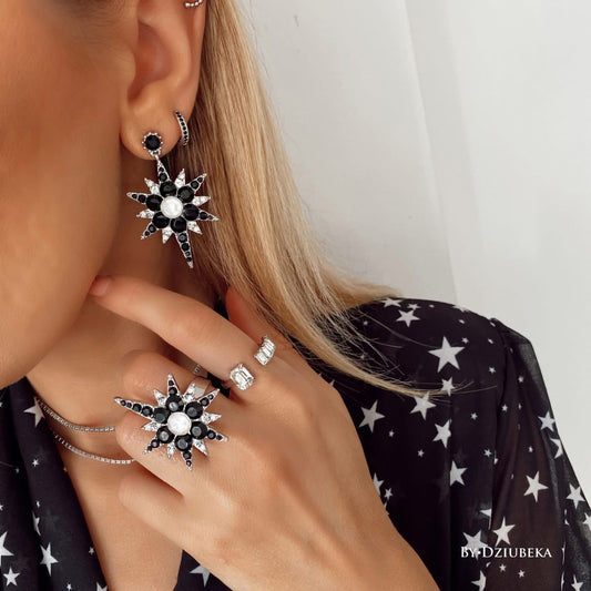 Black and White Crystals Star Earrings with Silver Finishing