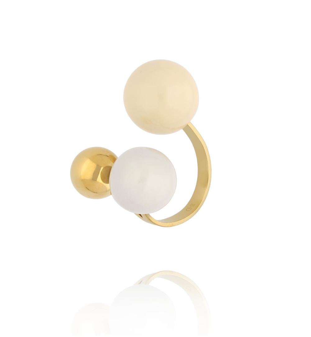 Steel and Shine Enamel Cream & White with Gold Balls Ring