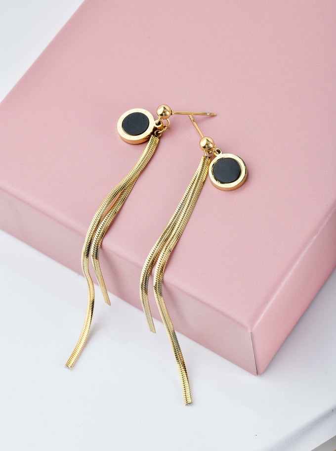 Gold Plated Double Snake Chain Earrings with Black Enamel Circle