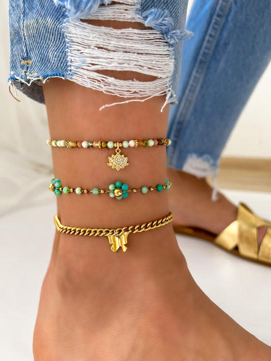 Natural Sun Stones & Amazonite Anklet with Crystal Lotus Pendant