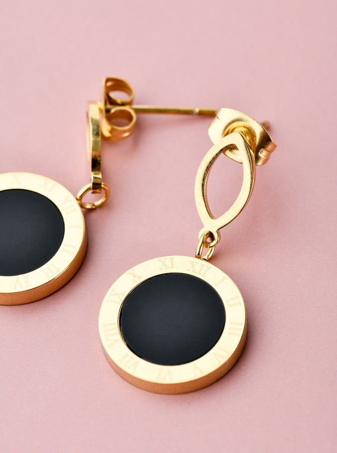 Gold Plated Teardrop Earrings with Black Enamel Circle