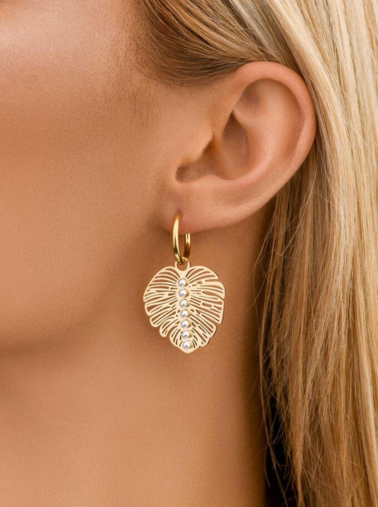 14k Gold Plated Monstera Leaf Earrings with Pearls