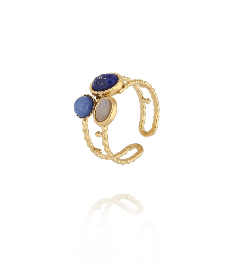 Gold Plated Adjustable Ring with Lapis Lazuli Stones 0090
