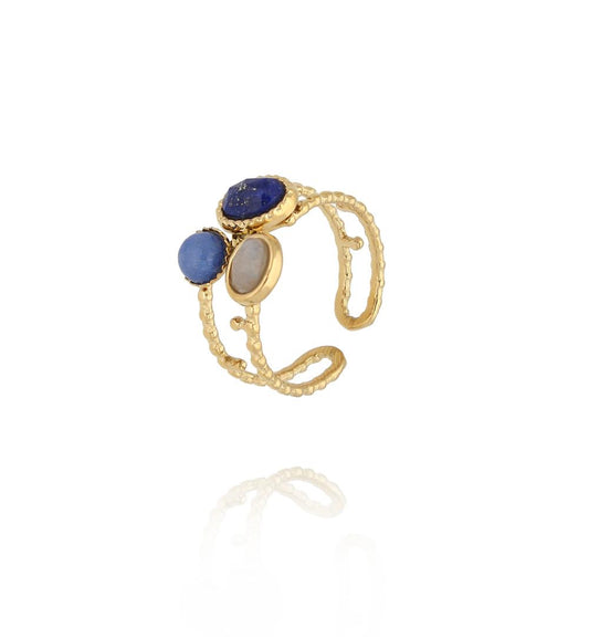 Gold Plated Adjustable Ring with Lapis Lazuli Stones 0090