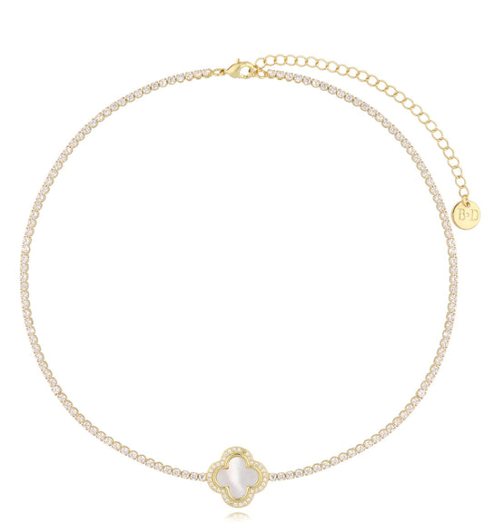 Crystals Necklace with White Enamel Clover