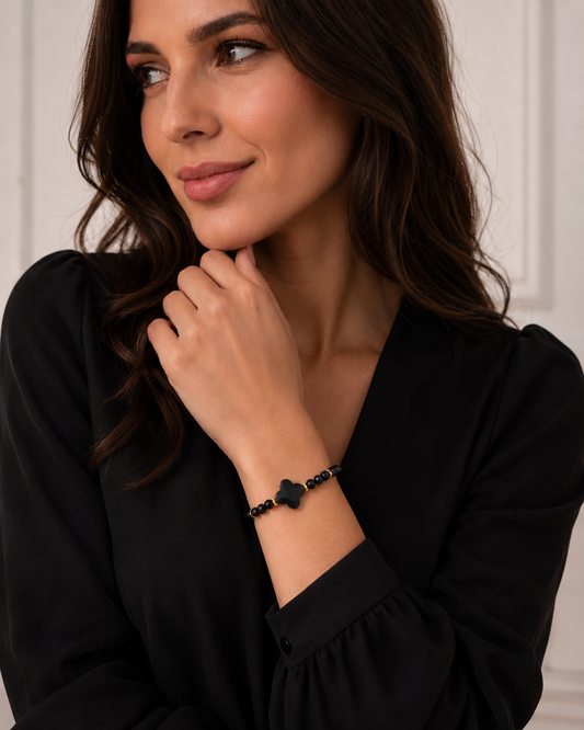 Gold Plated Black Tourmaline Clover Bracelet Karafuu 2319