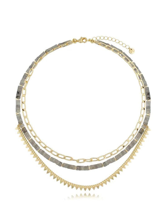 Gold Triple Chain Necklace with Labradorite Stones