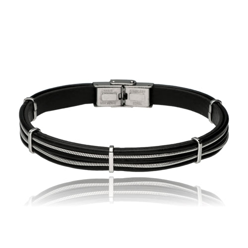 Black Leather & Stainless Steel Bracelet